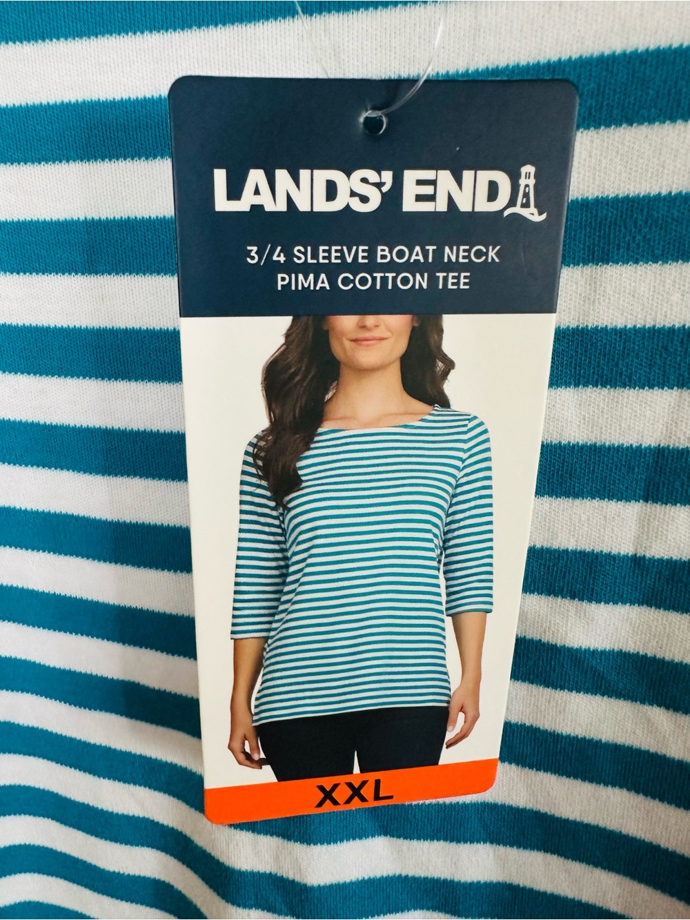 Lands' End Teal and White Striped 3/4 Sleeve Boat Neck Tee